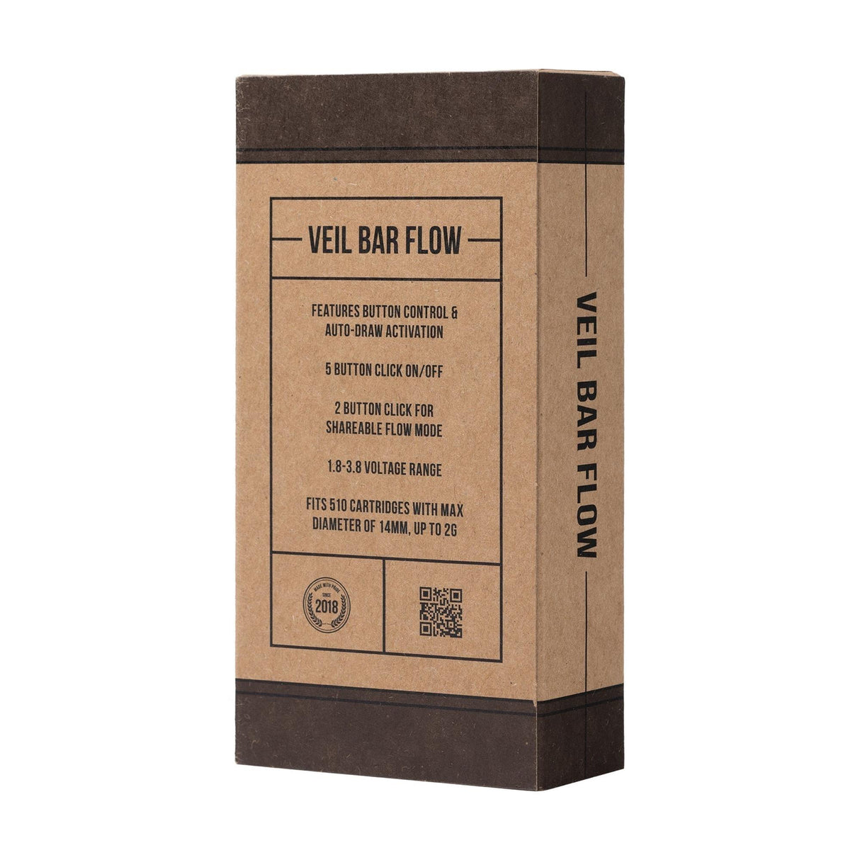 Veil Bar Flow 510 Battery retail box showcases features: adjustable voltage, auto-draw activation, Flow Mode, and 510 cartridge compatibility for enhanced vaping experience.