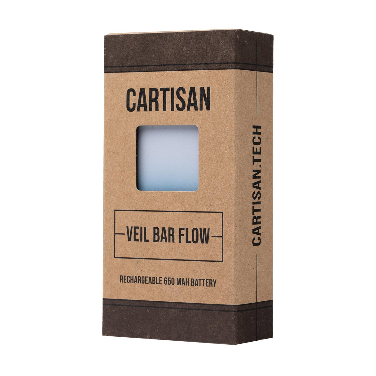 Cartisan Veil Bar Flow 510 Battery packaging in brown kraft-style box, featuring a product window, rechargeable 650mAh battery, and Cartisan branding.