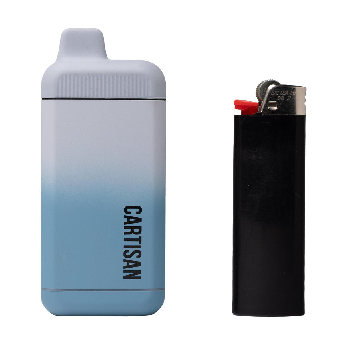 Veil Bar Flow 510 Battery next to a lighter, showcasing its compact size and sleek design with CARTISAN branding.