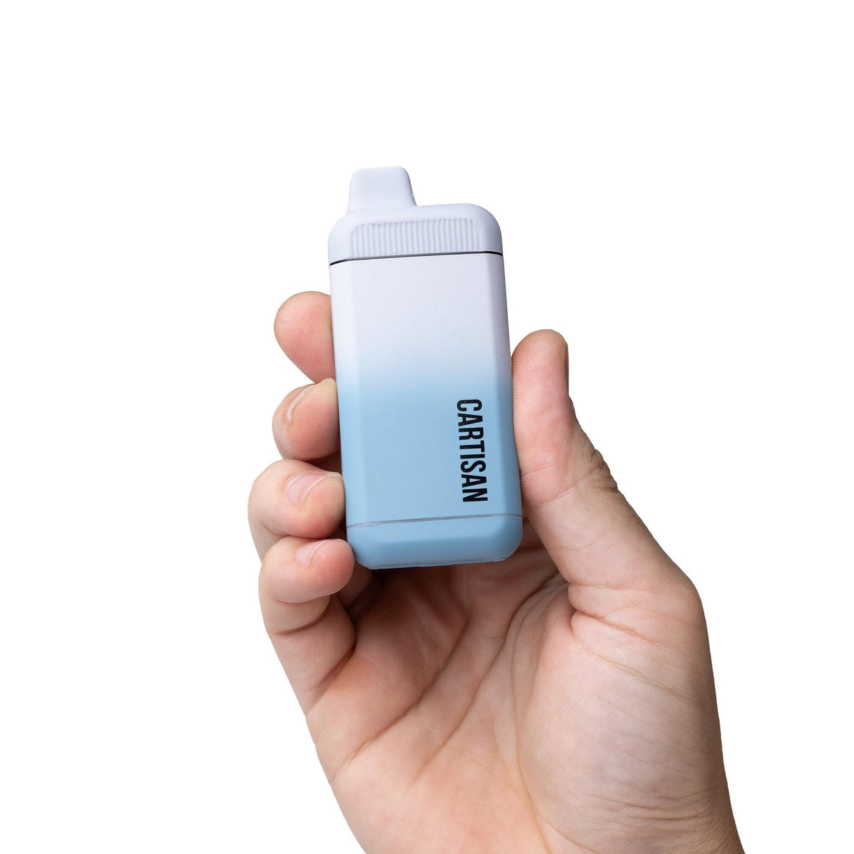 Hand holding the Cartisan Veil Bar Flow 510 Battery, a compact vape with built-in mouthpiece and CARTISAN printed vertically, designed for hands-free vaping.