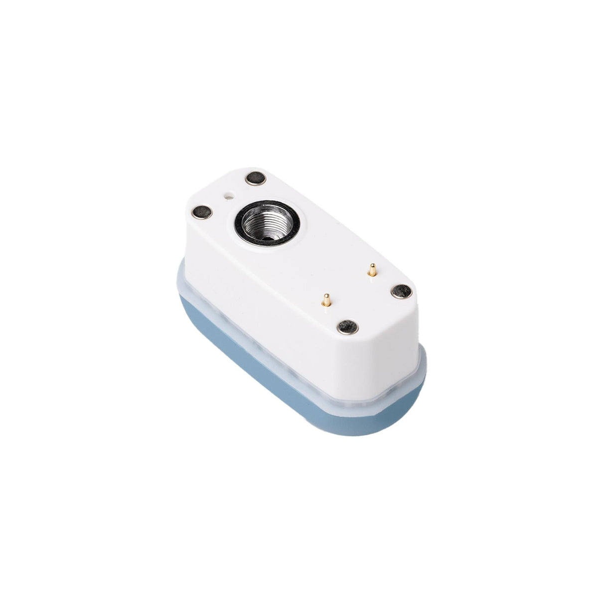 Modular magnetic connector for Veil Bar Flow 510 Battery, featuring a white upper housing with pogo pins and magnets, and a blue weather-sealed base for tripod mounts.