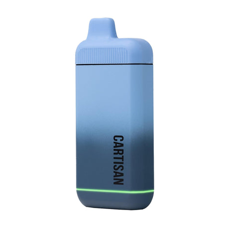 Veil Bar Flow 510 Battery: Sleek, pod-style vape with a molded mouthpiece, two-tone blue finish, vertical CARTISAN print, and green LED indicator strip.