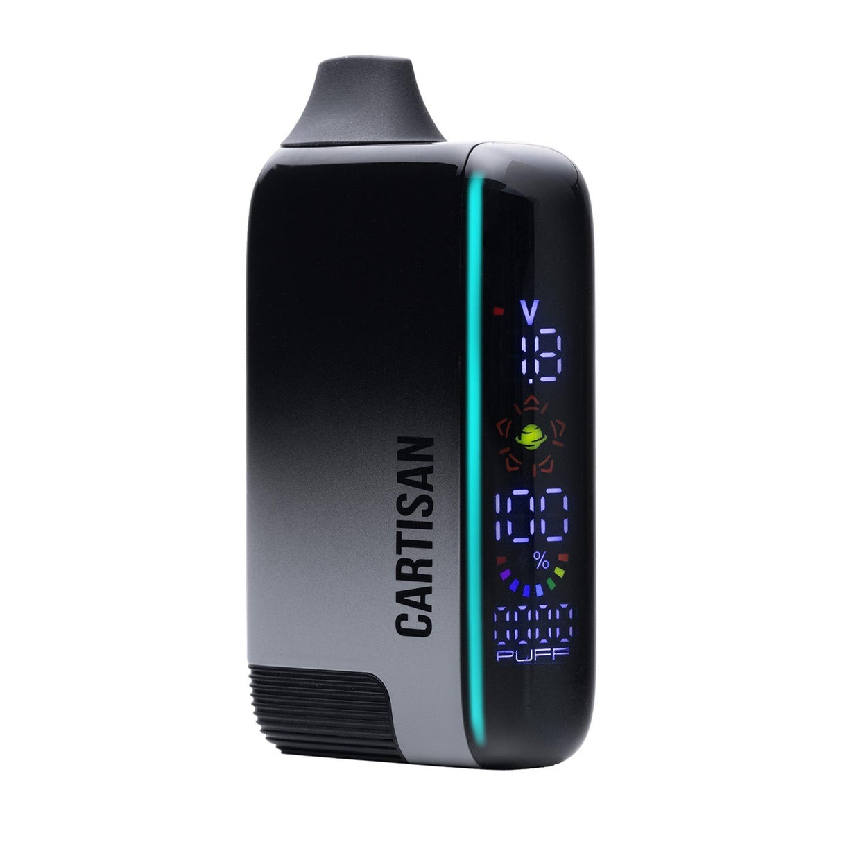 Veil Bar Pro EVO 510 Battery, a sleek handheld vaporizer with a digital display showing voltage, battery level, and puff count, featuring a small top mouthpiece.
