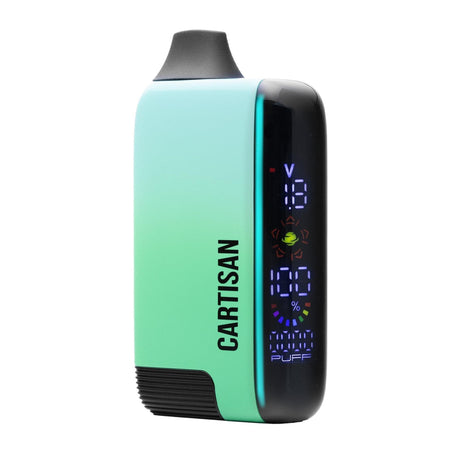 Veil Bar Pro EVO 510 Battery, a compact teal vaporizer featuring a digital display for voltage, battery life, puff count, and mouthpiece on top.