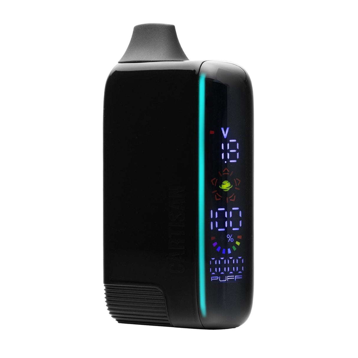 Veil Bar Pro EVO 510 Battery in glossy black with digital display showing settings and ribbed grip, featuring auto-draw activation and ergonomic design.