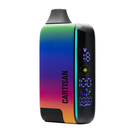 Veil Bar Pro EVO 510 Battery vaporizer with gradient housing, digital display showing voltage, battery, and puffs; features a sleek design and compact, ergonomic build.