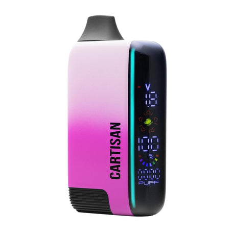 Veil Bar Pro EVO 510 Battery vape with pink-to-white body, digital display showing voltage, battery, and puffs; features mouthpiece and compact design.