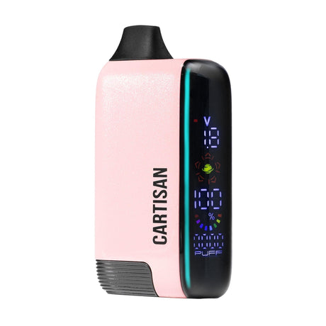 Veil Bar Pro EVO 510 Battery in soft pink with black mouthpiece, featuring digital display for voltage, battery level, and puff count, branded CARTISAN.