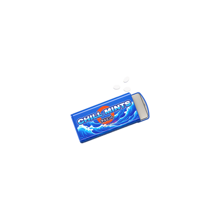 Chill Mints Dugout with mint tin open, spilling white tablets. Features stealth design for discreet use, with integrated smell-proof compartment and mints for freshness.