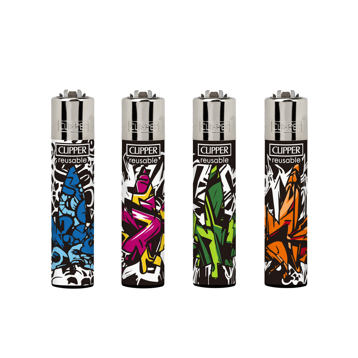 Classic Large Lighters Urban Weed - Tray of 48, featuring urban weed-inspired designs, each with a packing tool, refillable gas, replaceable flints, and spark wheels.