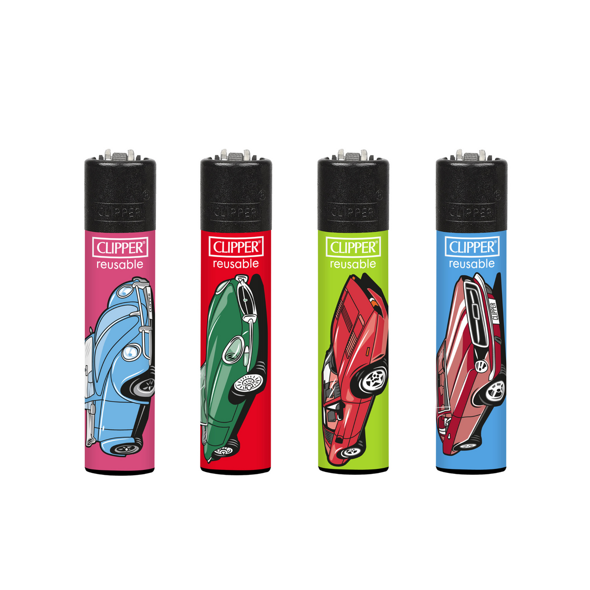 Classic Large Lighters Vintage Cars - Tray of 48 featuring Clipper lighters with vintage car illustrations, each equipped with a packing tool and reusable components.