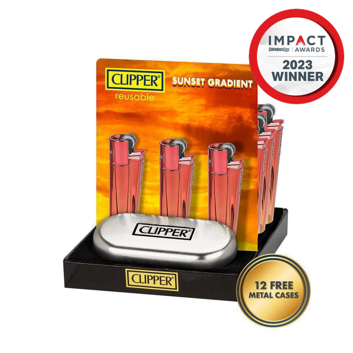 Metal Lighters Sunset Gradient display, showcasing a tray of 12 refillable lighters with packing tools, emphasizing their reusable design with visible branding elements.