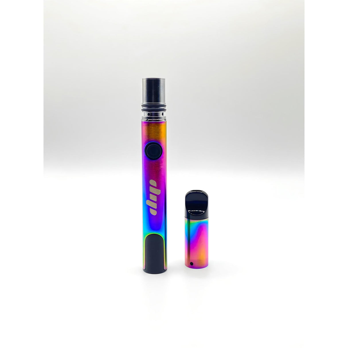 Lunar Dab Pen components: pen-style battery with power button and detachable pod-style mouthpiece, both in glossy rainbow finish, designed for portable dabbing.
