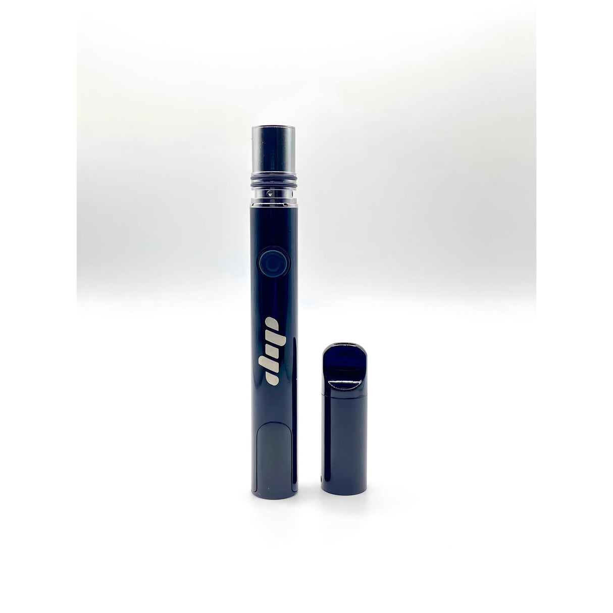 Lunar Dab Pen: sleek black vaporizer with a power button, chrome-striped logo, and matching detachable mouthpiece, highlighting portability and efficient airflow for CBD or cannabis concentrates.