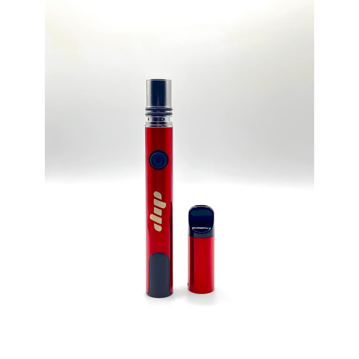 Lunar Dab Pen: Red vape kit featuring a cylindrical battery with push-button and a threaded top, accompanied by a matching pod for smooth, portable dabbing.