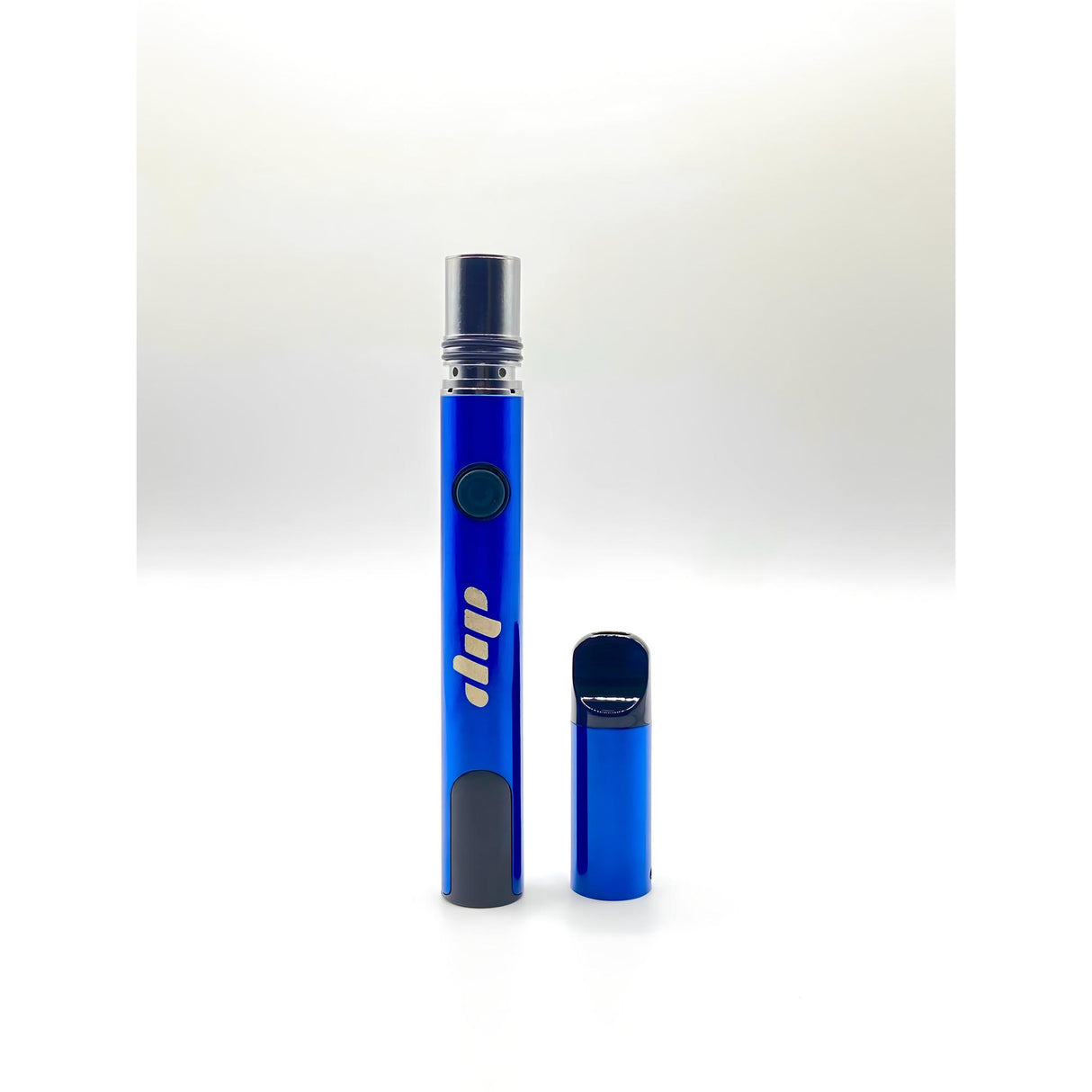 Lunar Dab Pen components: sleek blue battery with firing button and cutouts alongside a matching mouthpiece, showcasing minimalist design and portability.