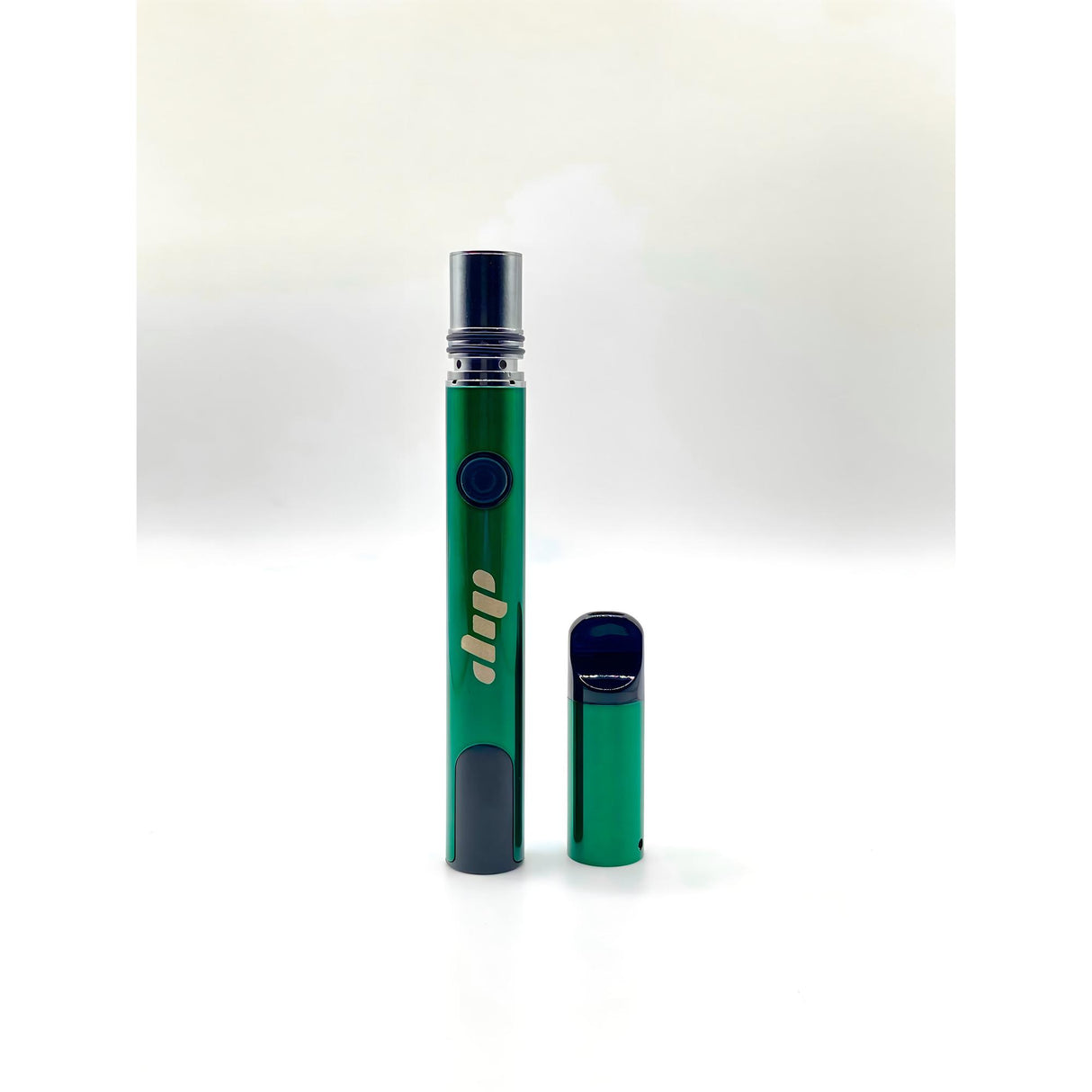 Lunar Dab Pen parts: a metallic-green battery mod with firing button and matching pod, designed for easy, portable dabbing with smooth airflow.