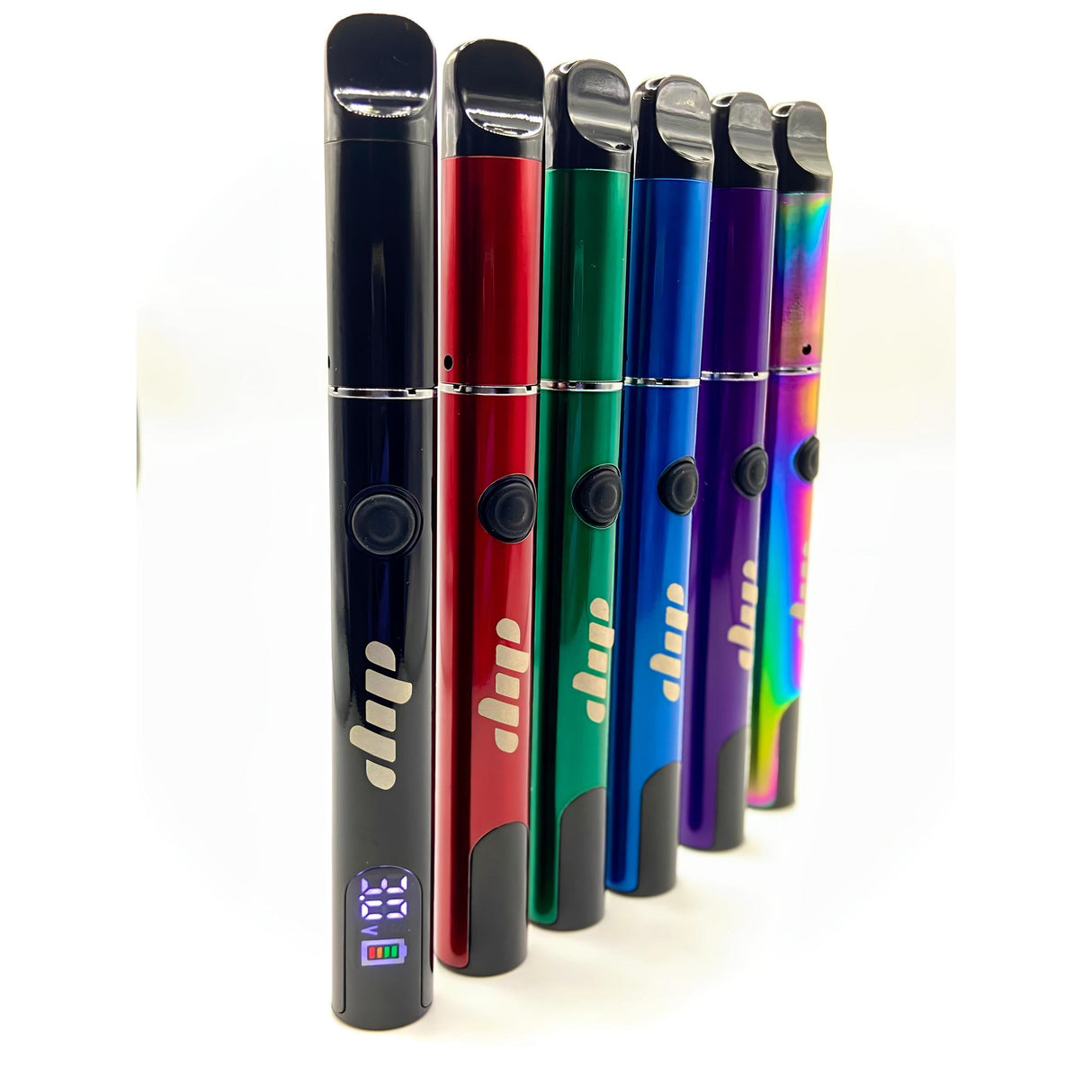 Lunar Dab Pen: Six metallic vape pens with a rounded mouthpiece, firing button, and dip branding. Black pen features an LCD display and battery icon.