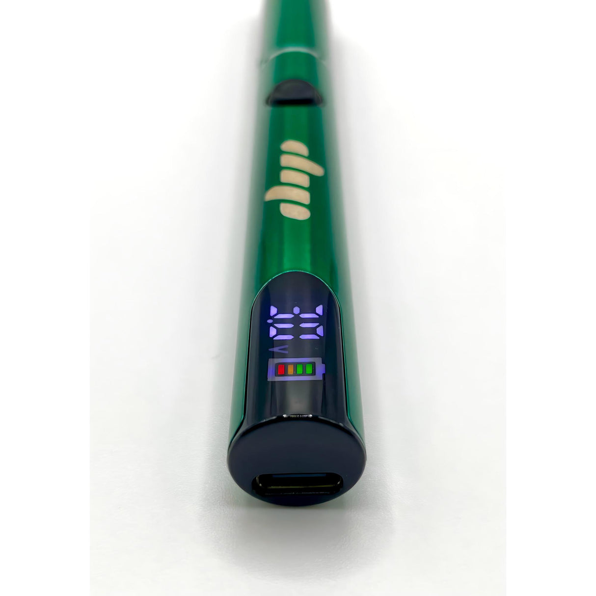 Lunar Dab Pen in metallic green with digital display showing 3.10 volts, power button, and USB-C port, highlighting its compact, efficient design for dabbing.