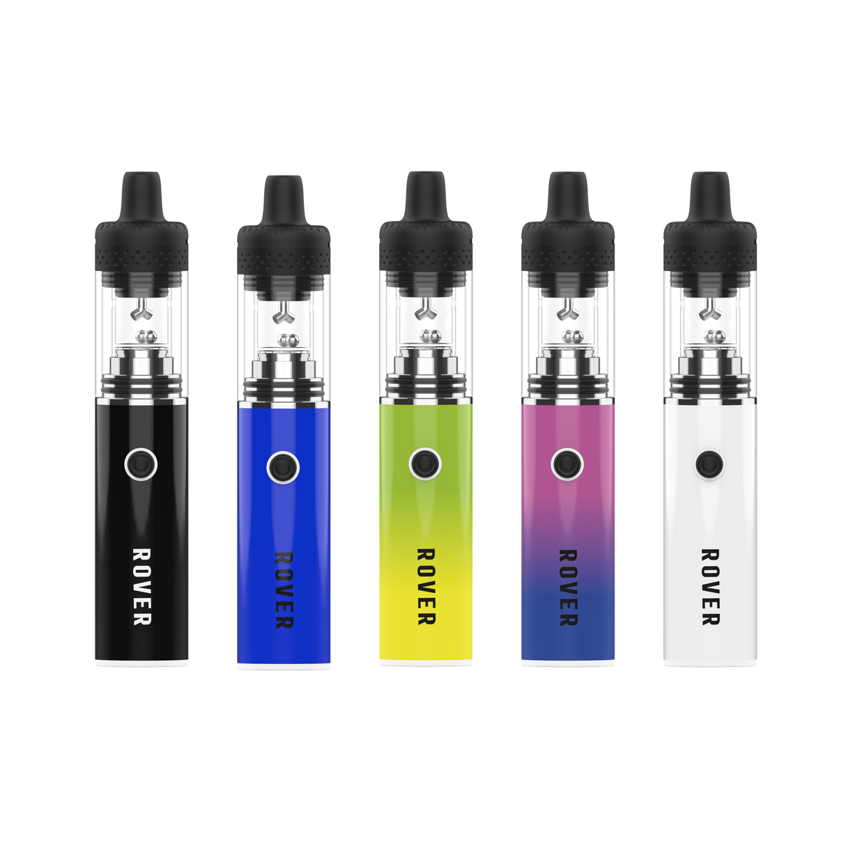 Rover Dab Pen: Five identical vape pens with clear tanks, single firing buttons, offering a portable dab rig experience with even heating and optimized airflow.