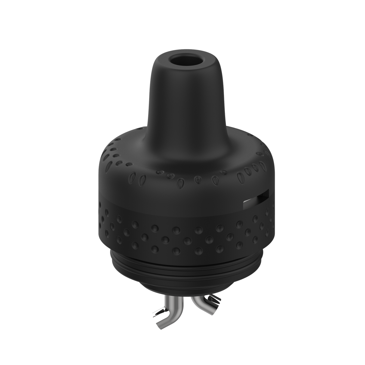 Rover Dab Pen's top cap features a flared nozzle, dimpled grip ring, vent holes, and polished tubes, enhancing airflow control for flavorful dabs.