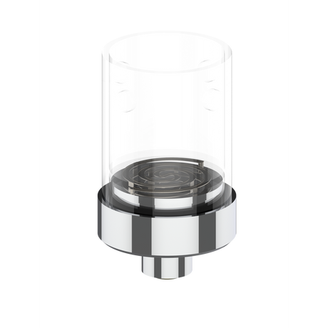 Rover Dab Pen featuring a clear cylindrical chamber with spiral disc, metal base, and side cut-outs; designed for portable, full-flavor dabbing experience.