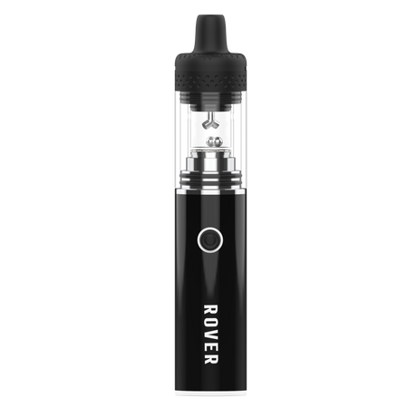Rover Dab Pen featuring a matte black body, a clear glass tank with metal pearls, and a black mouthpiece, designed for a portable dab rig experience.