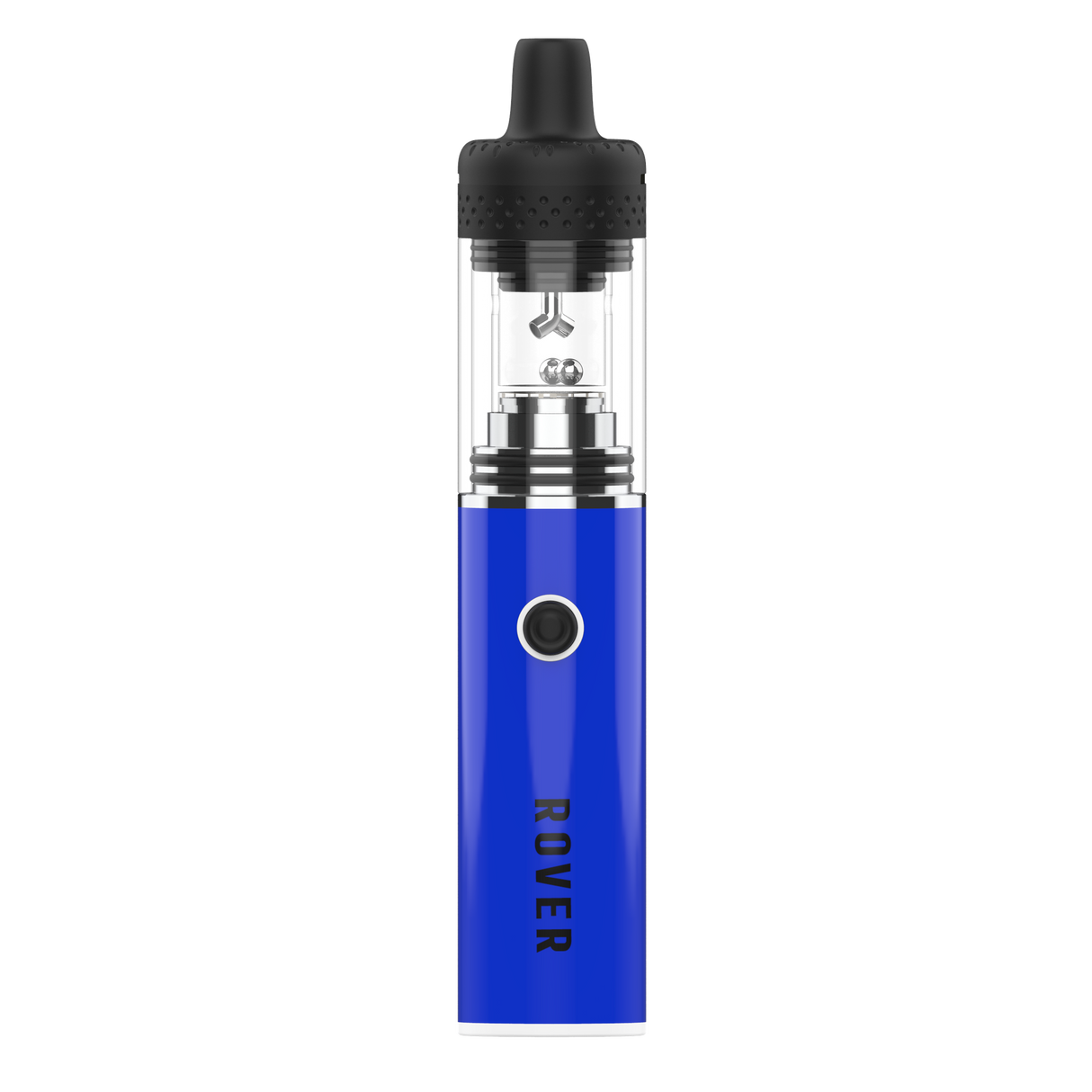 Rover Dab Pen, a sleek vaporizer with a black mouthpiece, transparent tank, firing button, and blue ROVER labeled battery, for a portable dab rig experience.