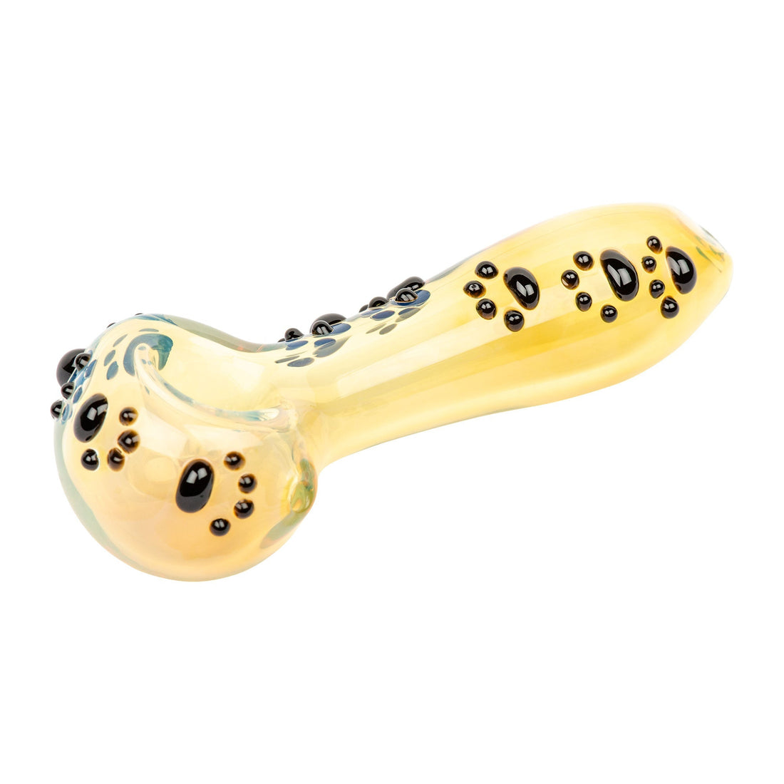 4.5 Paw Print Hand Pipe - Colour Changing & Black, ergonomic yellow glass pipe with raised black dot accents, features bowl, mouthpiece, and side carb for airflow.