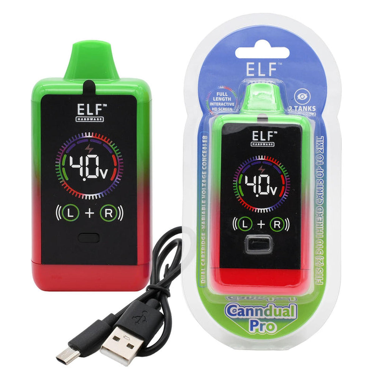 ELF CannDual PRO Dual 510 Thread Battery Concealer, carton of 10, featuring a compact design with digital display for dual-cartridge vaping versatility.