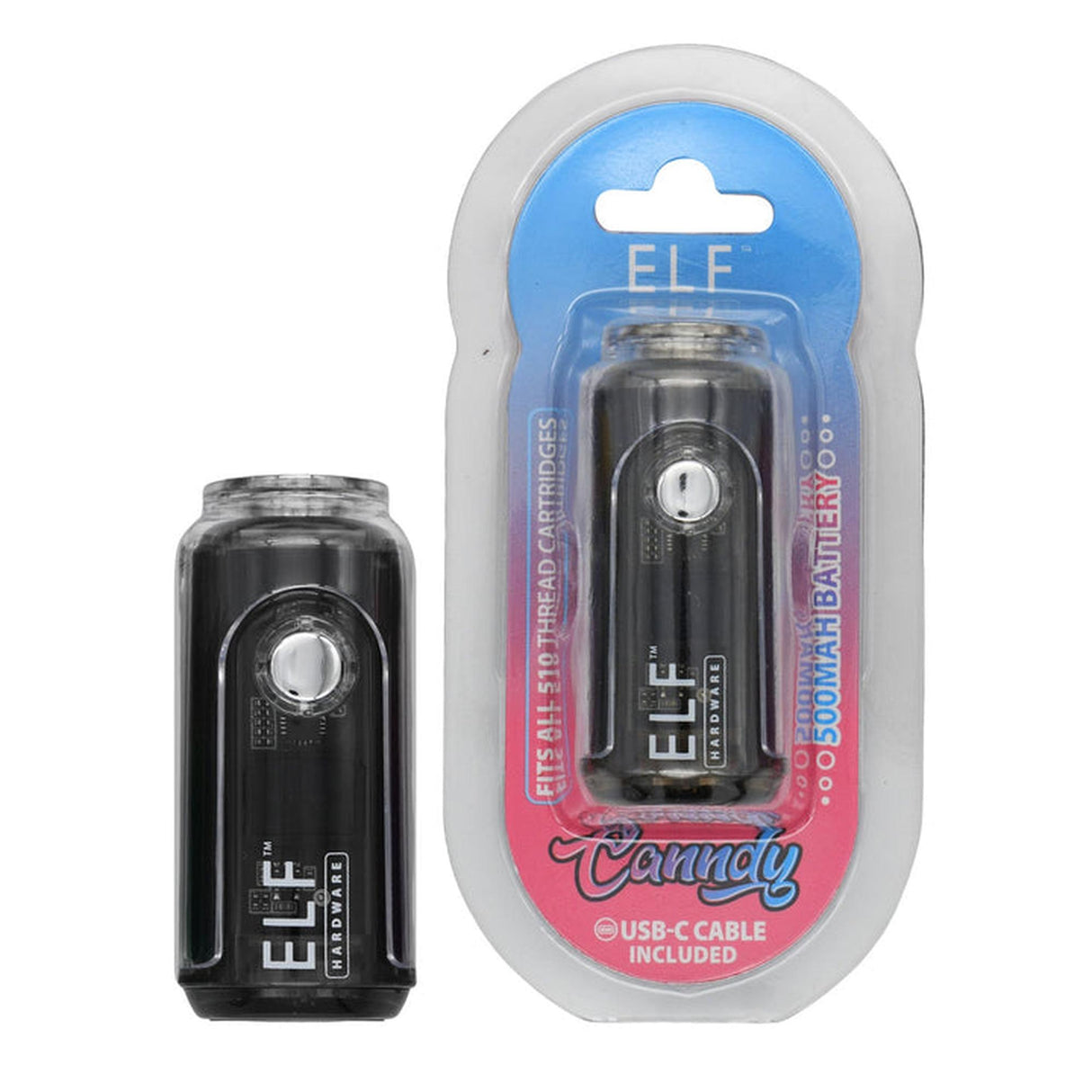 ELF Canndy 510 Thread Mini Battery in packaging, featuring compact design with digital display, ideal for customizable vaping experiences with variable voltage settings.