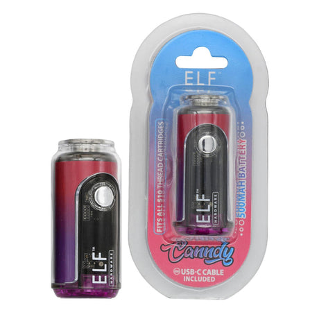 ELF Canndy 510 Thread Mini Battery in packaging, showcasing its compact design with a visible device and battery, ideal for customized vaping experiences.
