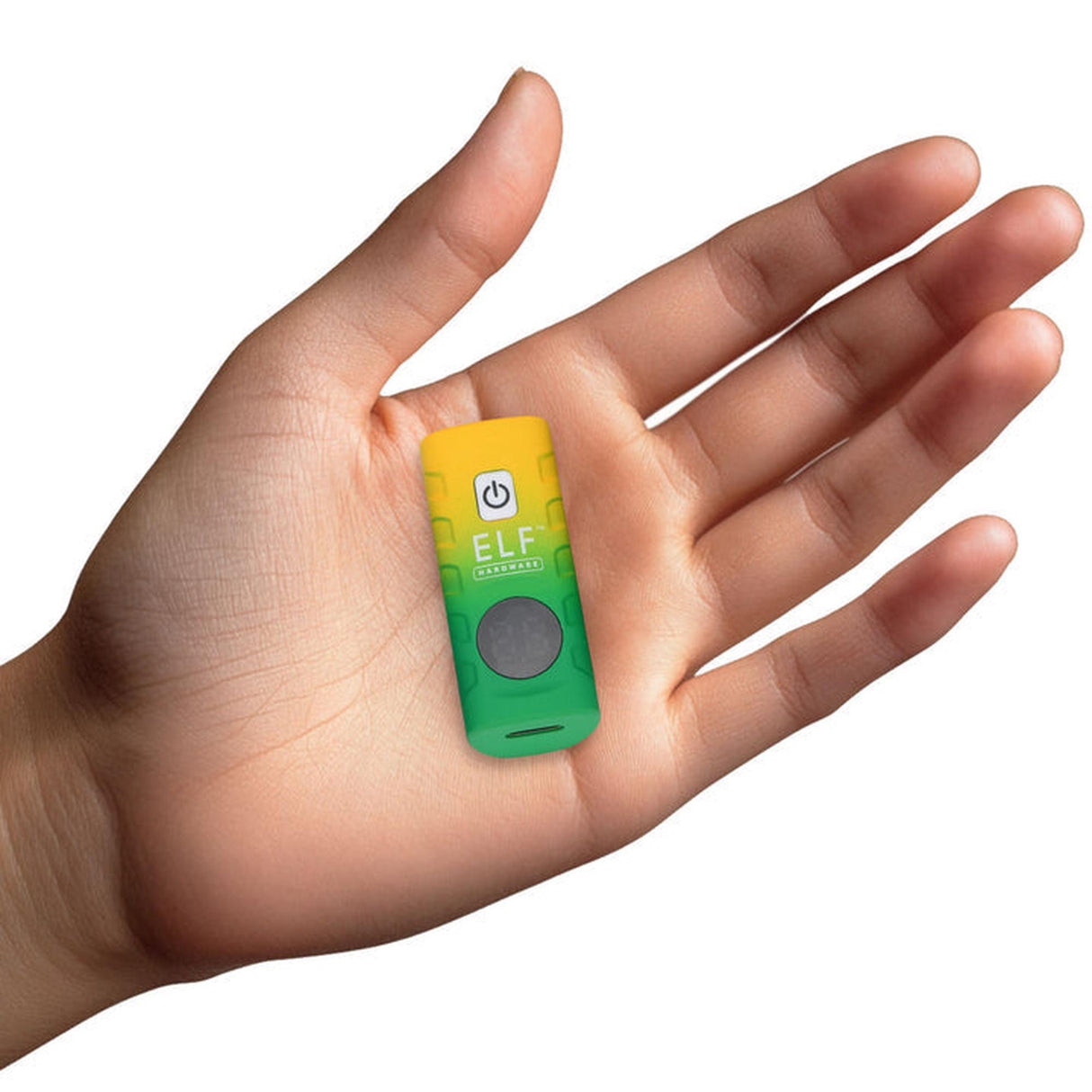 Hand holding the ELF Deltaic 510 Thread Battery, a compact vape device with variable voltage settings and USB-C charging, ideal for various vaping needs.