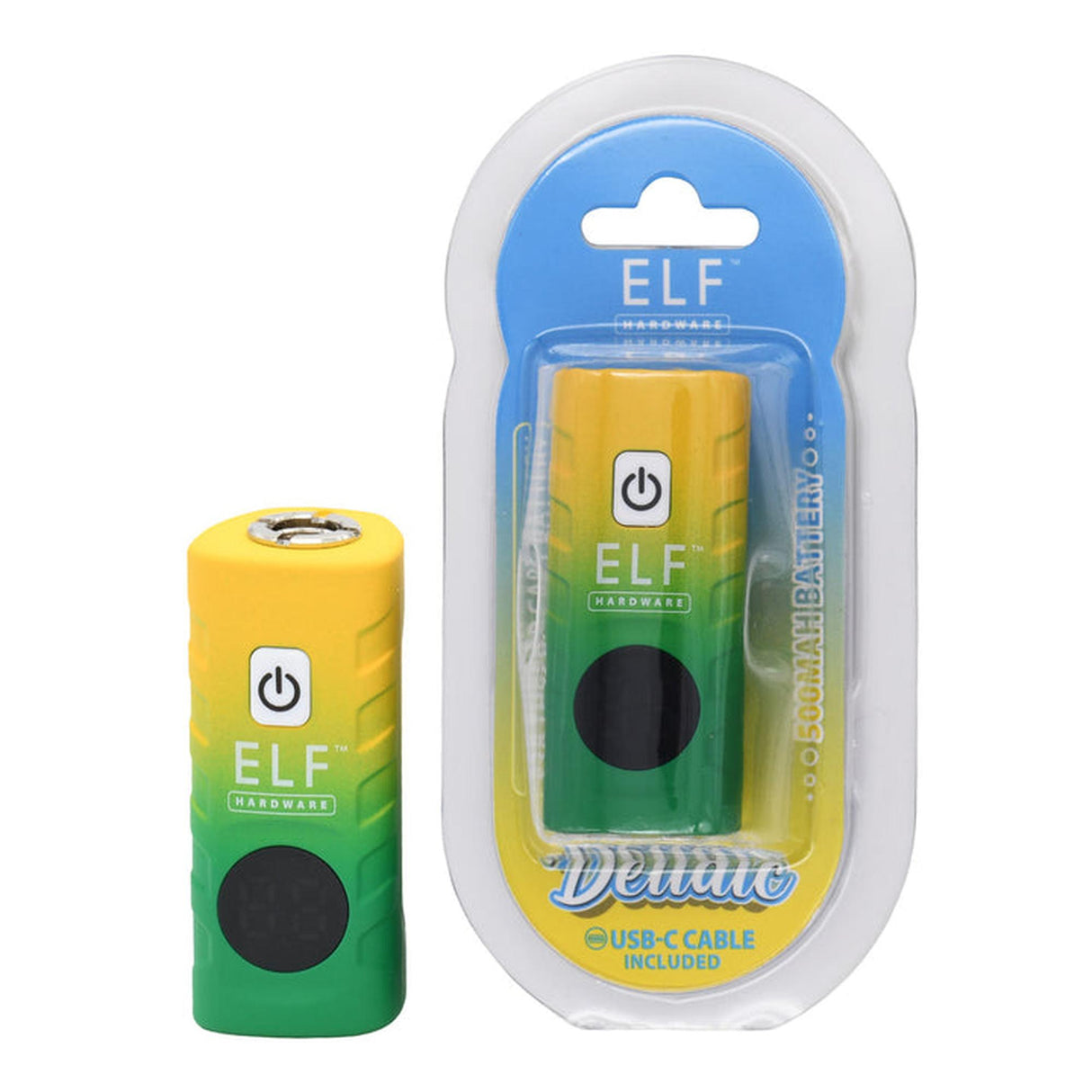 ELF Deltaic 510 Thread Battery in packaging, highlighting its compact design, USB-C charging port, and compatibility with 510-thread cartridges for versatile vaping.