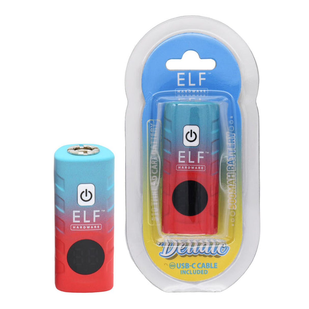 ELF Deltaic 510 Thread Battery in packaging, highlighting its compact design and USB-C charging port for 510-thread cartridges, visible through clear plastic.