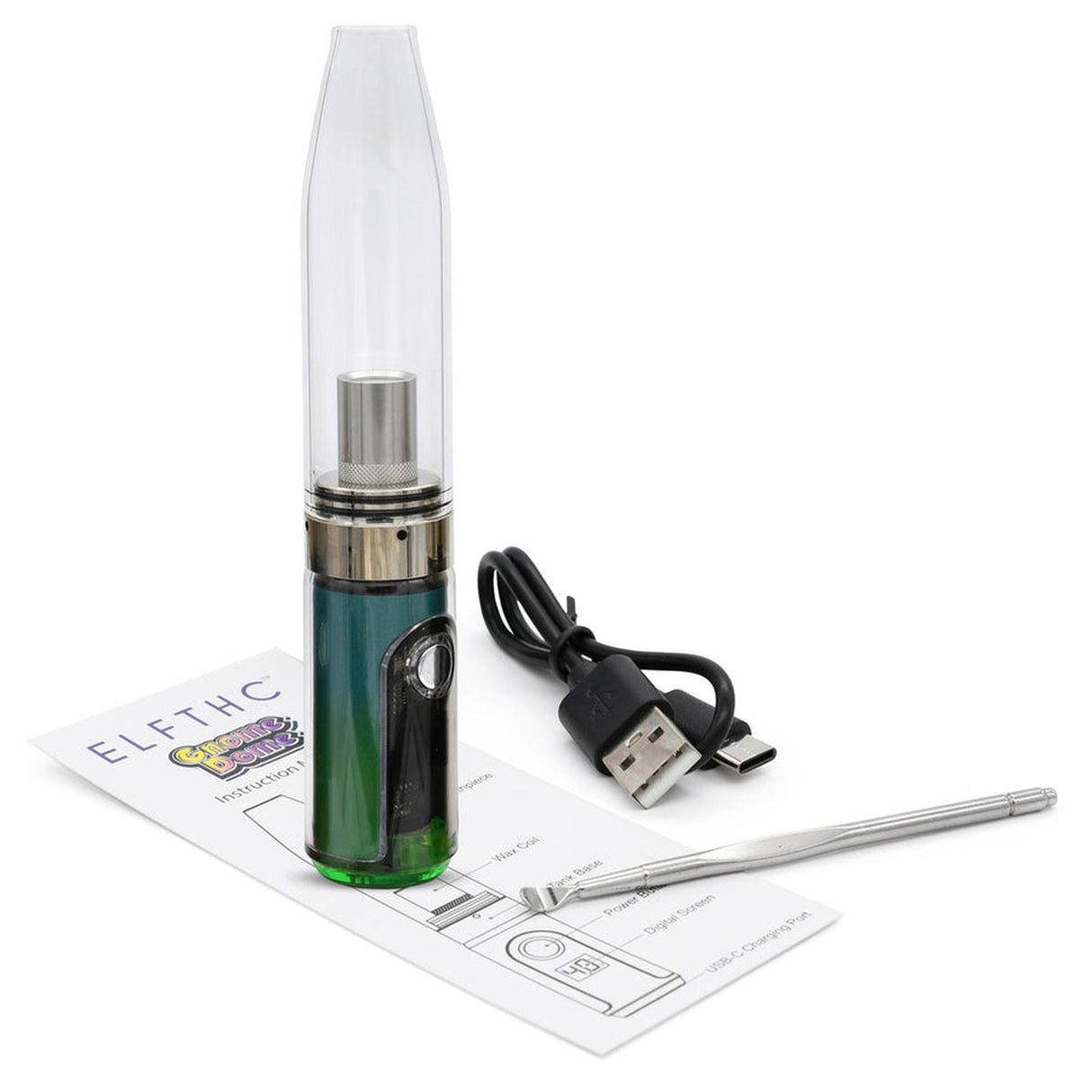 Gnome Dome Mini Vape Rig For Dabs kit includes vaporizer with glass mouthpiece, USB-C cable, metal dab tool, and instruction sheet for versatile concentrate use.