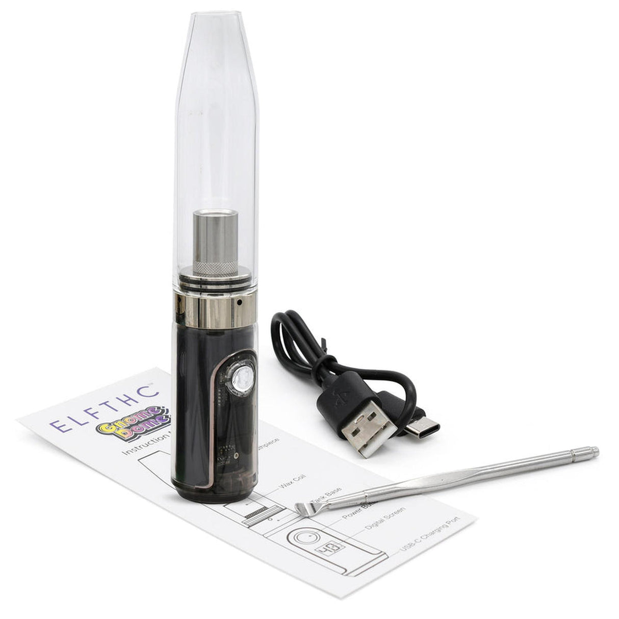 Gnome Dome Mini Vape Rig For Dabs with battery, glass mouthpiece, USB-C cable, dab tool, and ELFTHC instructions; compact, dual-use for wax and 510 carts.
