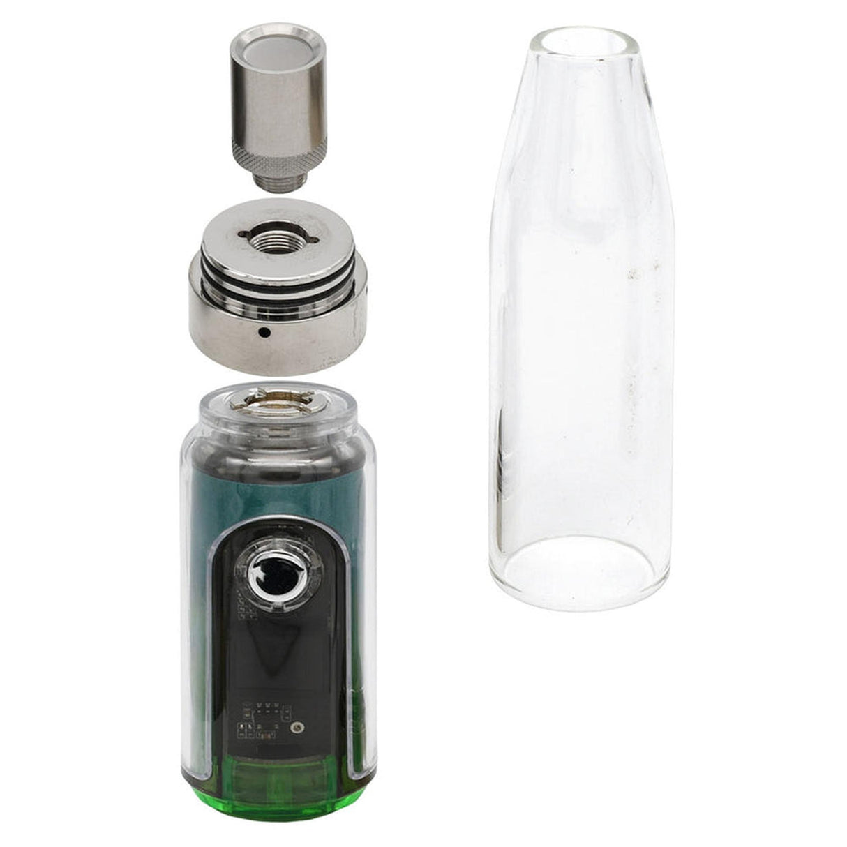 Gnome Dome Mini Vape Rig components: drip-tip, atomizer deck, battery with display, and spare glass tank sleeve, designed for wax and 510 cartridges.