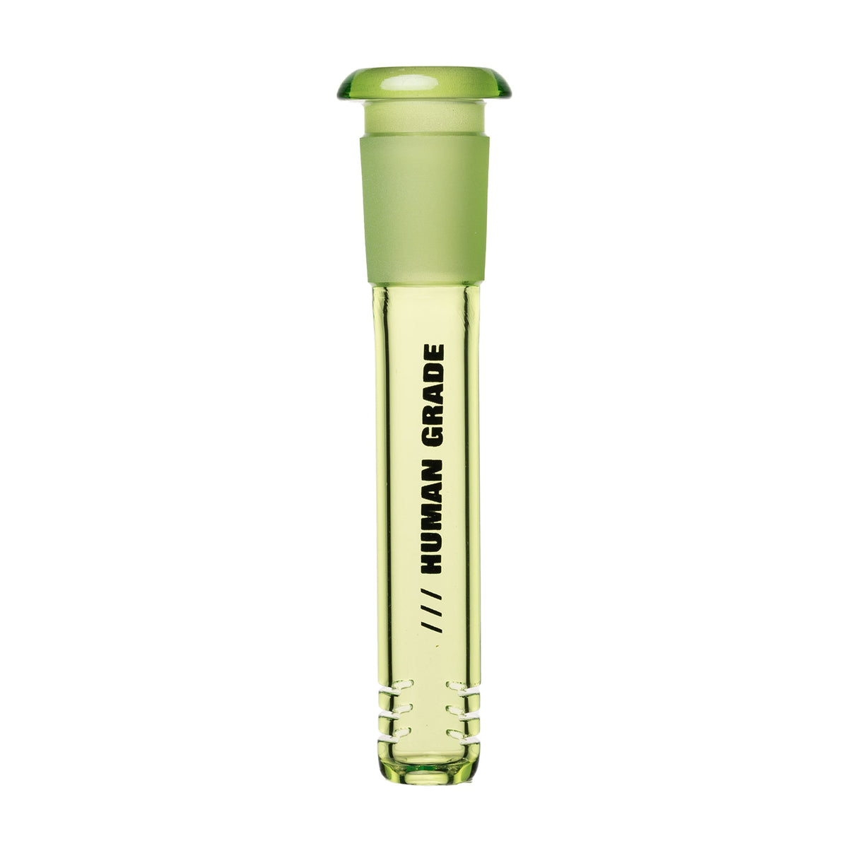 Color Downstem - 14MM - 4: A green-tinted glass downstem for water pipes, featuring HUMAN GRADE text, ground glass joint, and three diffusion slits.