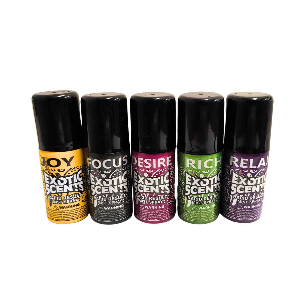 Five Rapid Result Mist Spray - 2nd Edition bottles: JOY, FOCUS, DESIRE, RICH, RELAX. Compact, odor-neutralizing sprays for versatile use in various settings.