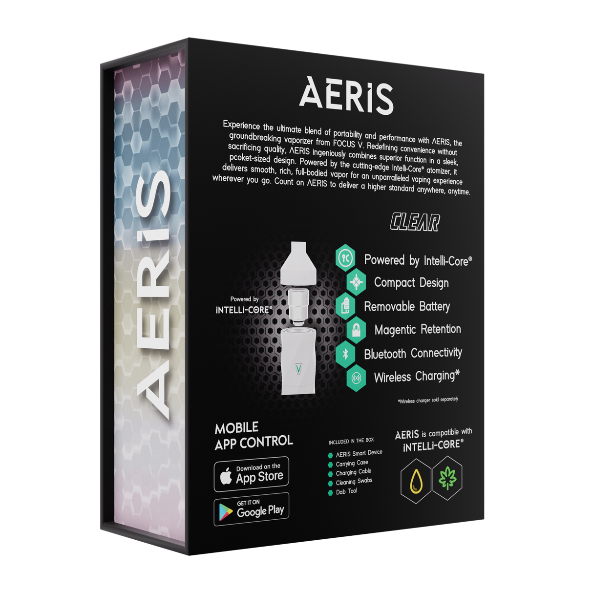 AERIS Portable E-Rig Kit box displaying exploded-view graphic, feature icons like Intelli-Core and app control badges, highlighting its compact, powerful dabbing capabilities and accessory list.