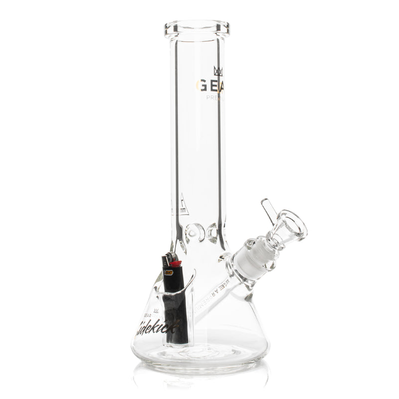 12 Tall 7mm Thick Sidekick Beaker Bong with a wide base, straight neck, removable downstem, glass bowl, and built-in lighter holder.
