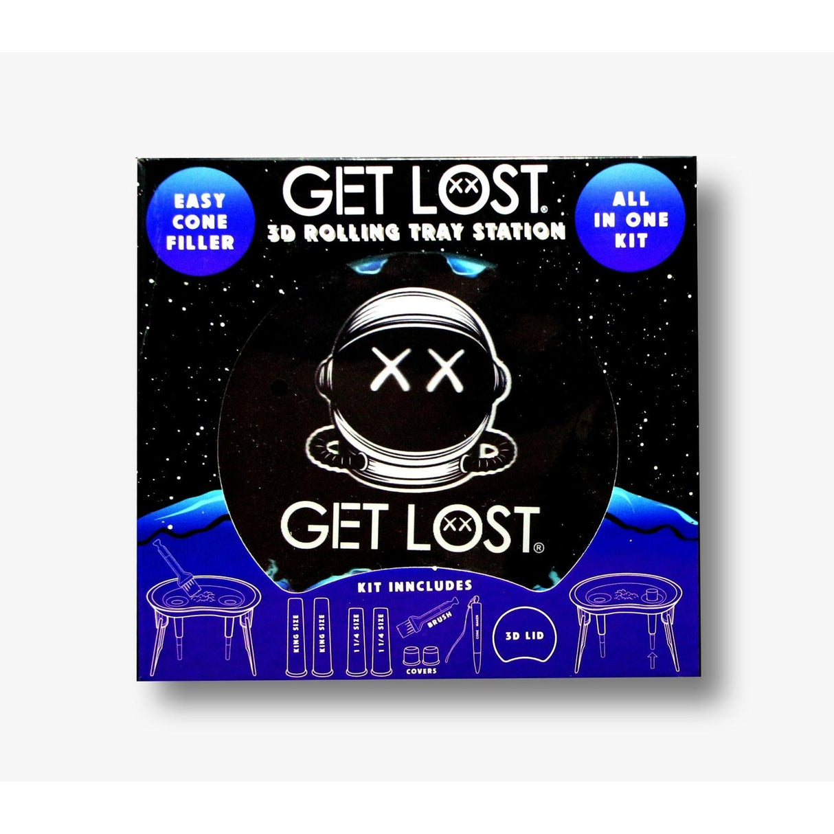 3D Rolling Tray Station - Get Lost package showing cone-filler kit with tray, 3D lid, tubes, brush, and tool, ideal for efficient hand-rolling.