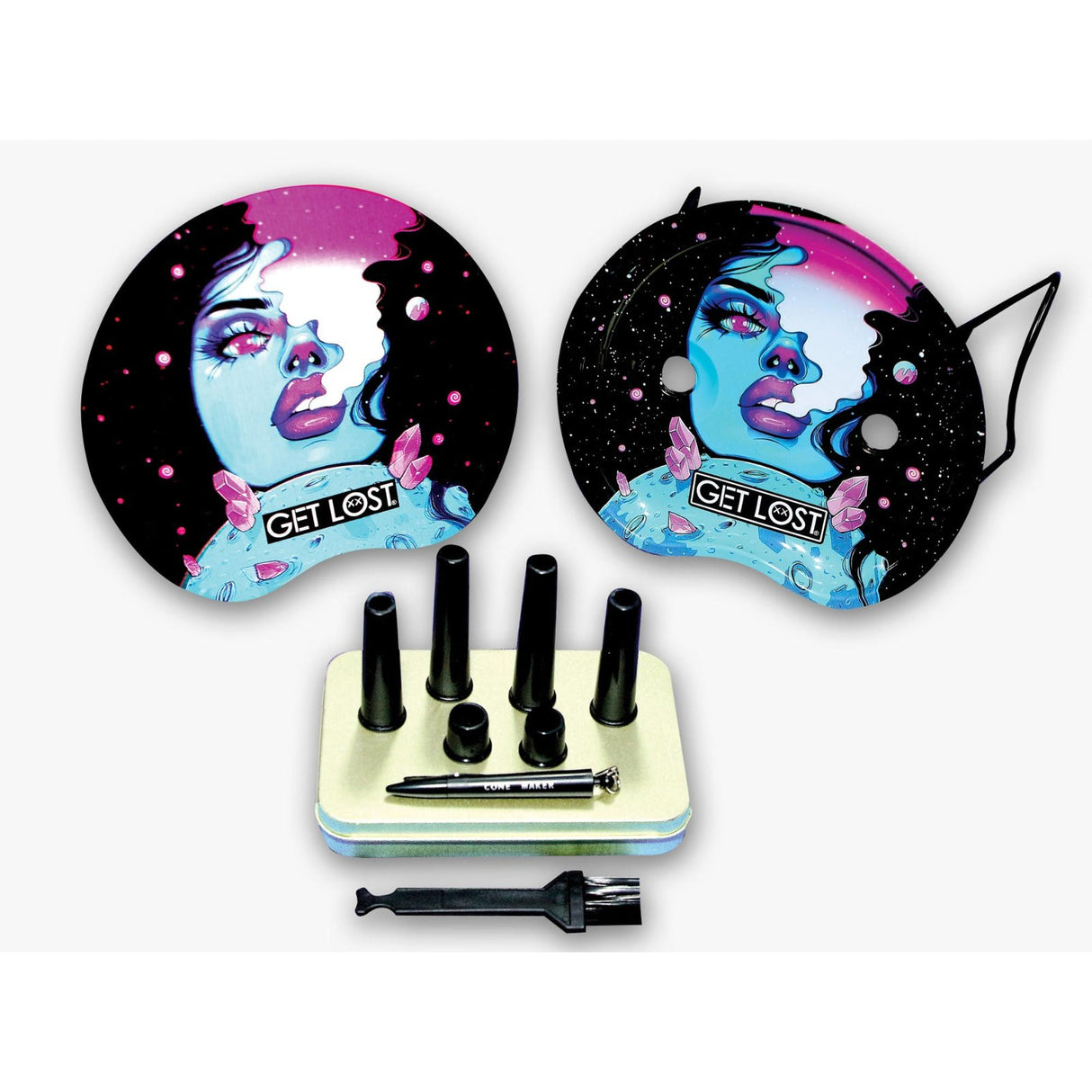 3D Rolling Tray Station - Get Lost: Includes two metal trays, cone-forming tubes, tamper, and cleaning tool for precise pre-roll shaping and filling.