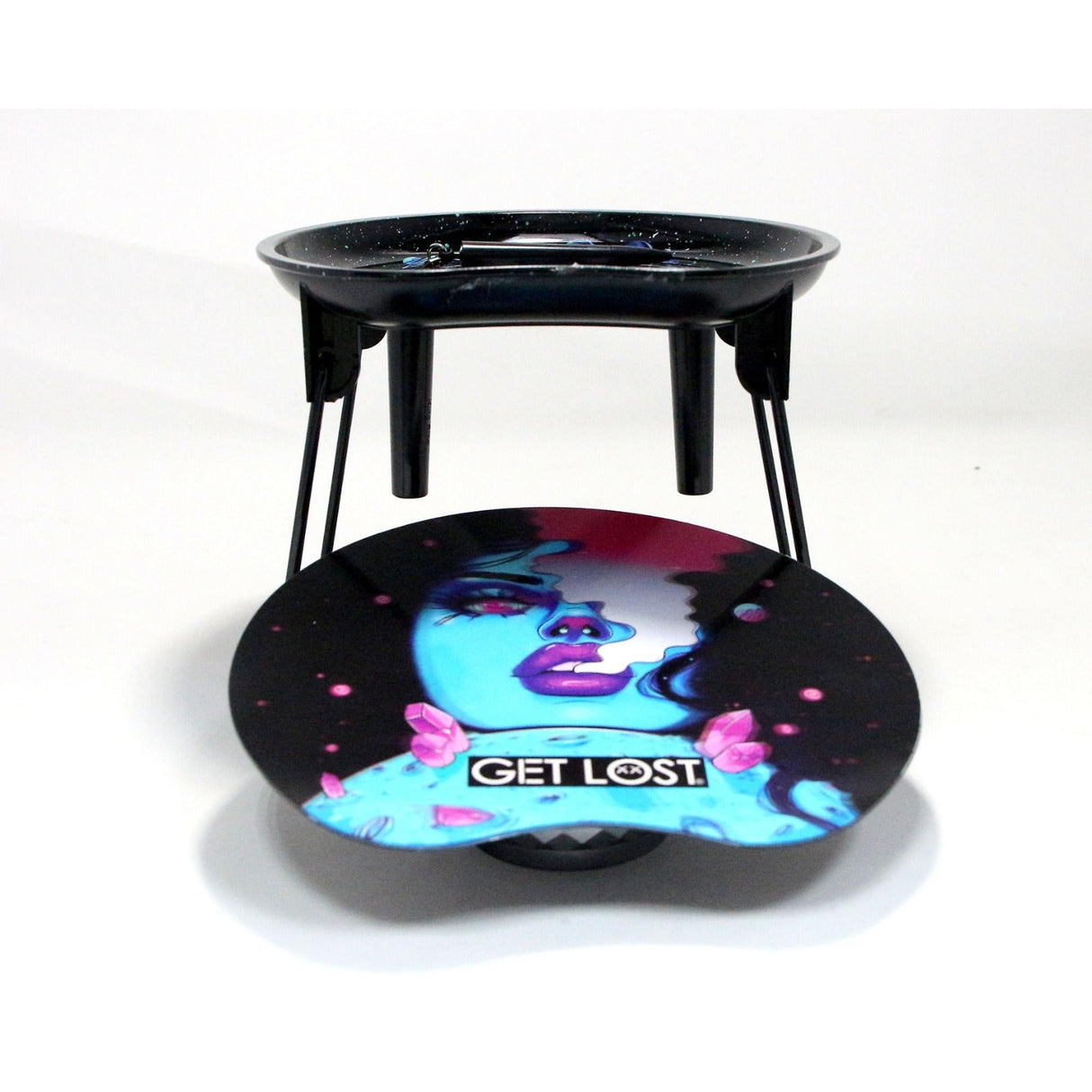 3D Rolling Tray Station - Get Lost featuring a speckled bowl on foldable legs and a tray with GET LOST text and a woman's portrait.