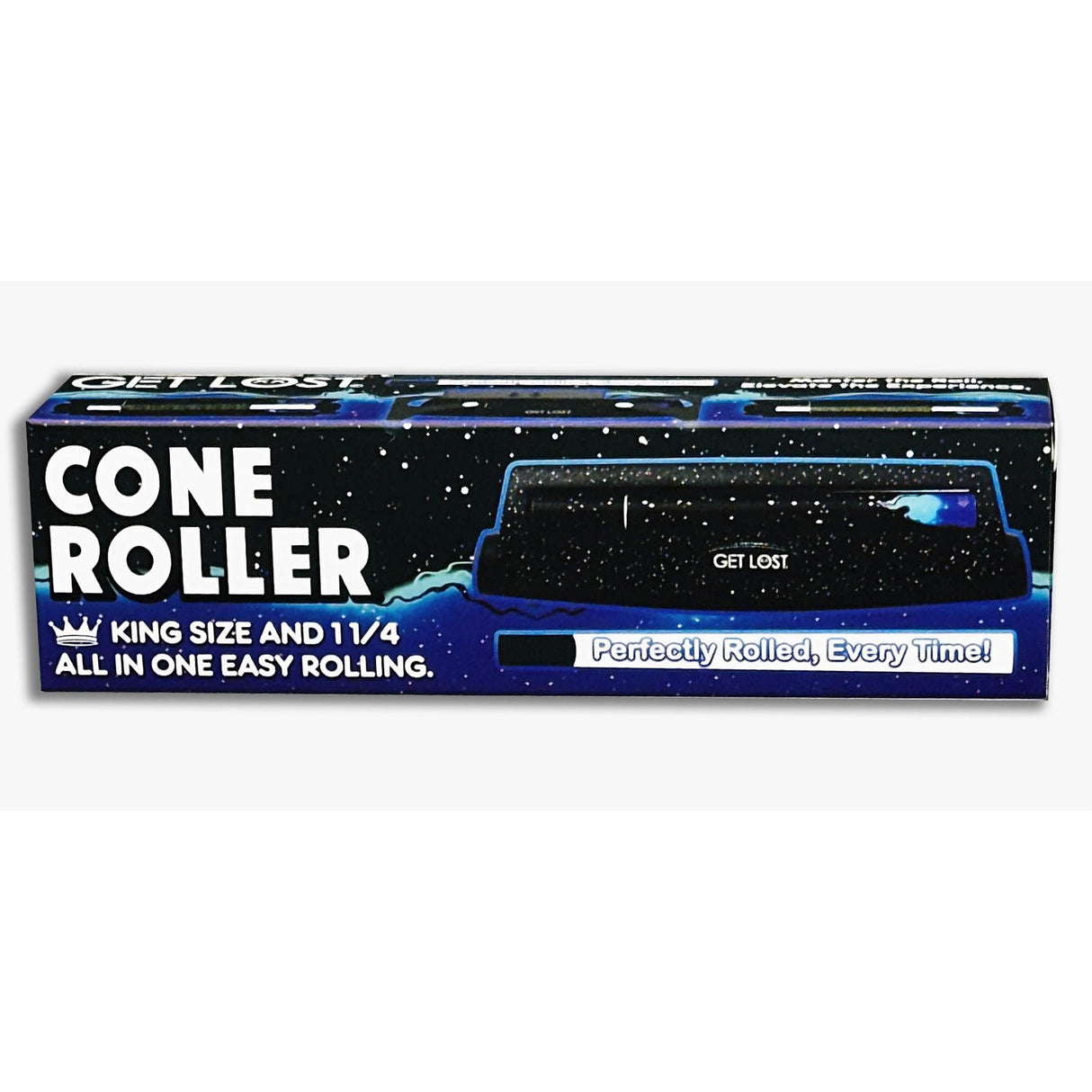 Cone Rolling Machine - Carton of 12 packaging; displays Get Lost branding, showcasing a compact tool for effortless, king-size cone rolling in seconds.