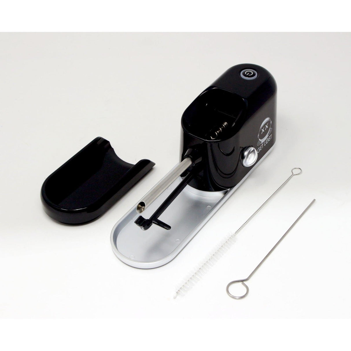 Electric Pre Rolled Cone Filling Machine with injector, cleaning brush, packing tool, and detachable tray for efficient, user-friendly cone filling.