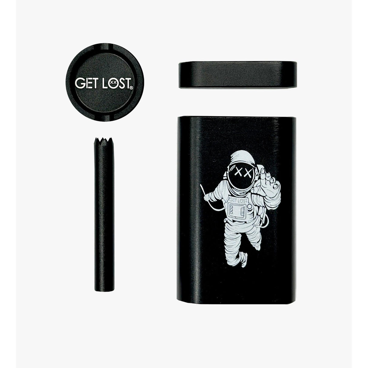Pocket-sized Metal Dugout Grinder by GET LOST featuring a black one-hitter pipe, screw-on lid ashtray, and stash box with astronaut design.