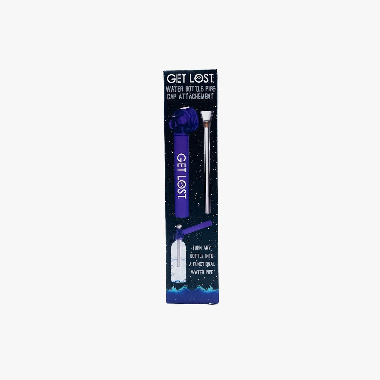 Retail packaging of Water Bottle Pipe Cap Attachment - Carton of 12, featuring a purple cap that converts standard bottles into water pipes with a metal down-stem and bowl.