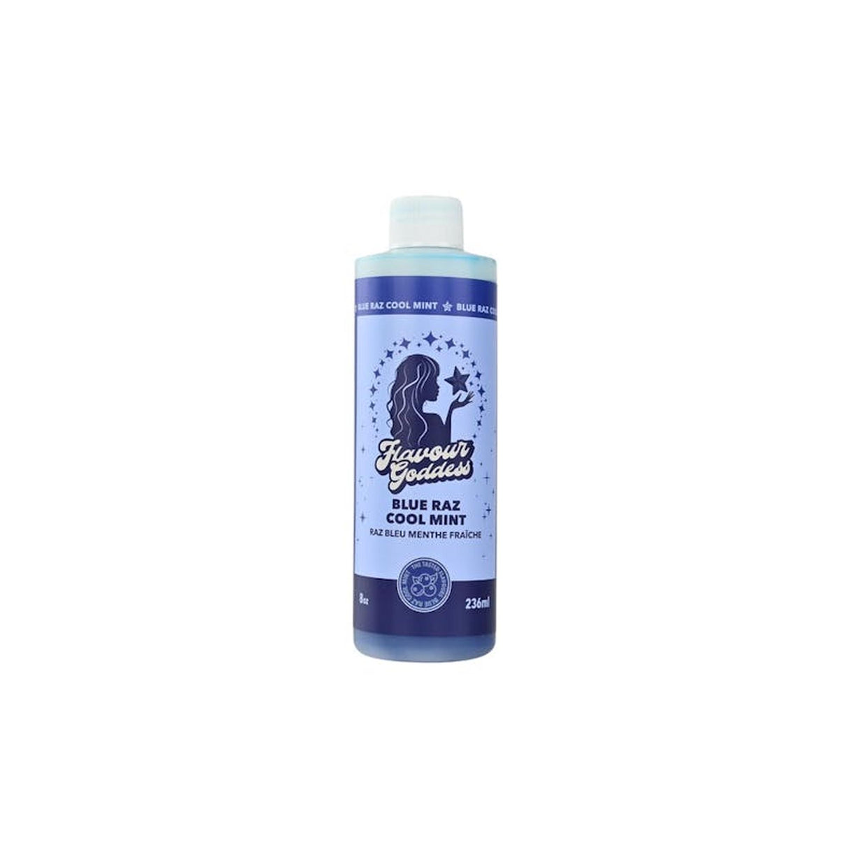 Bong Water Enhancer - 8oz: Tall cylindrical bottle labeled Flavour Goddess with Blue Raz Cool Mint flavor, designed to smooth smoke and infuse bong hits with flavor.